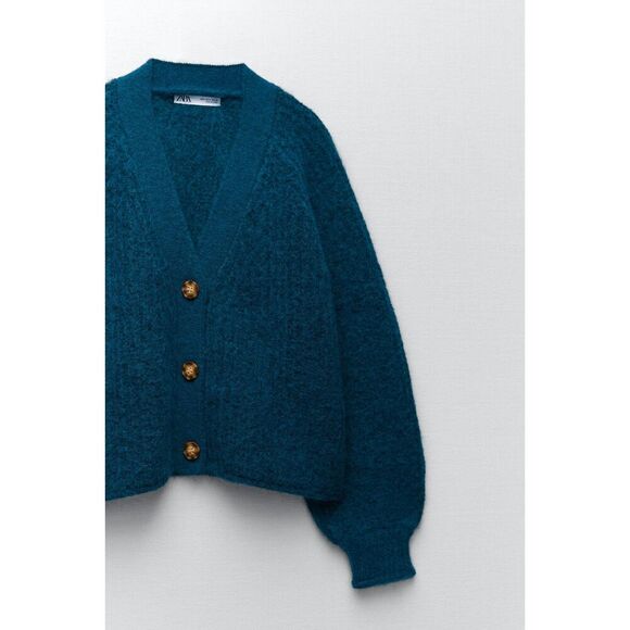 Teal Blue Zara Chunky Knit Button Front V-Neck Cardigan Sweater (NWT) - Picture 11 of 13
